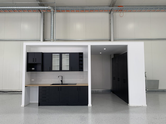 Integrated kitchenette in a modern warehouse