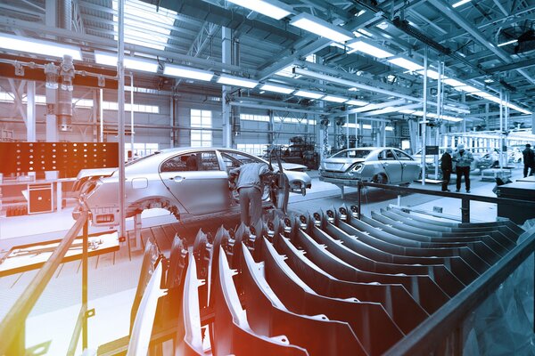 Interior view of a modern car manufacturing plant