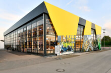 Yellow exhibition tent exterior view