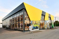 Yellow exhibition tent exterior view