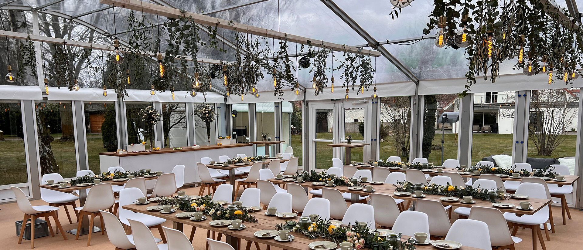 A seated party tent from the inside
