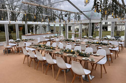 A seated party tent from the inside