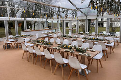A seated party tent from the inside