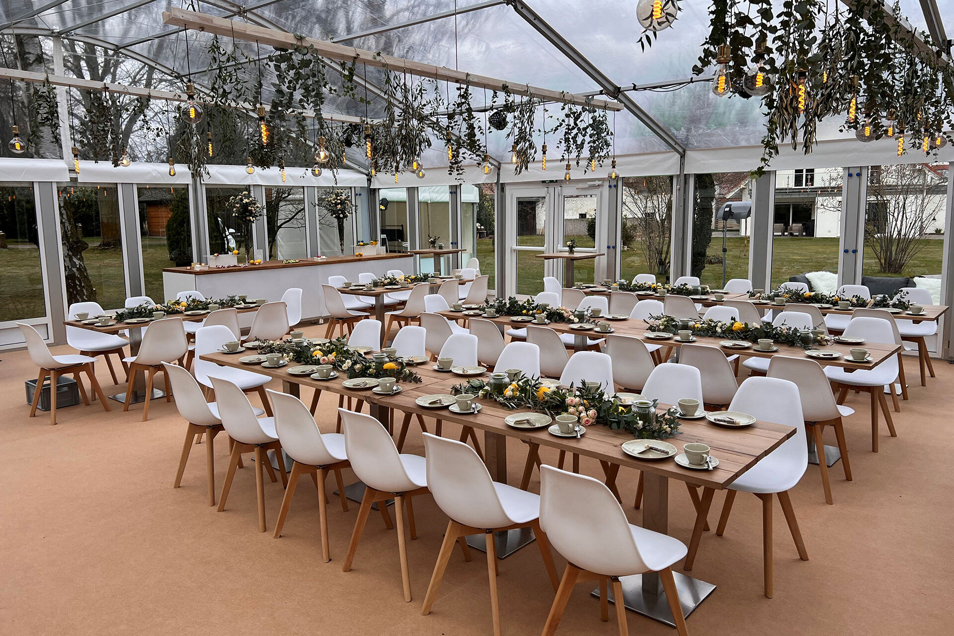 A seated party tent from the inside