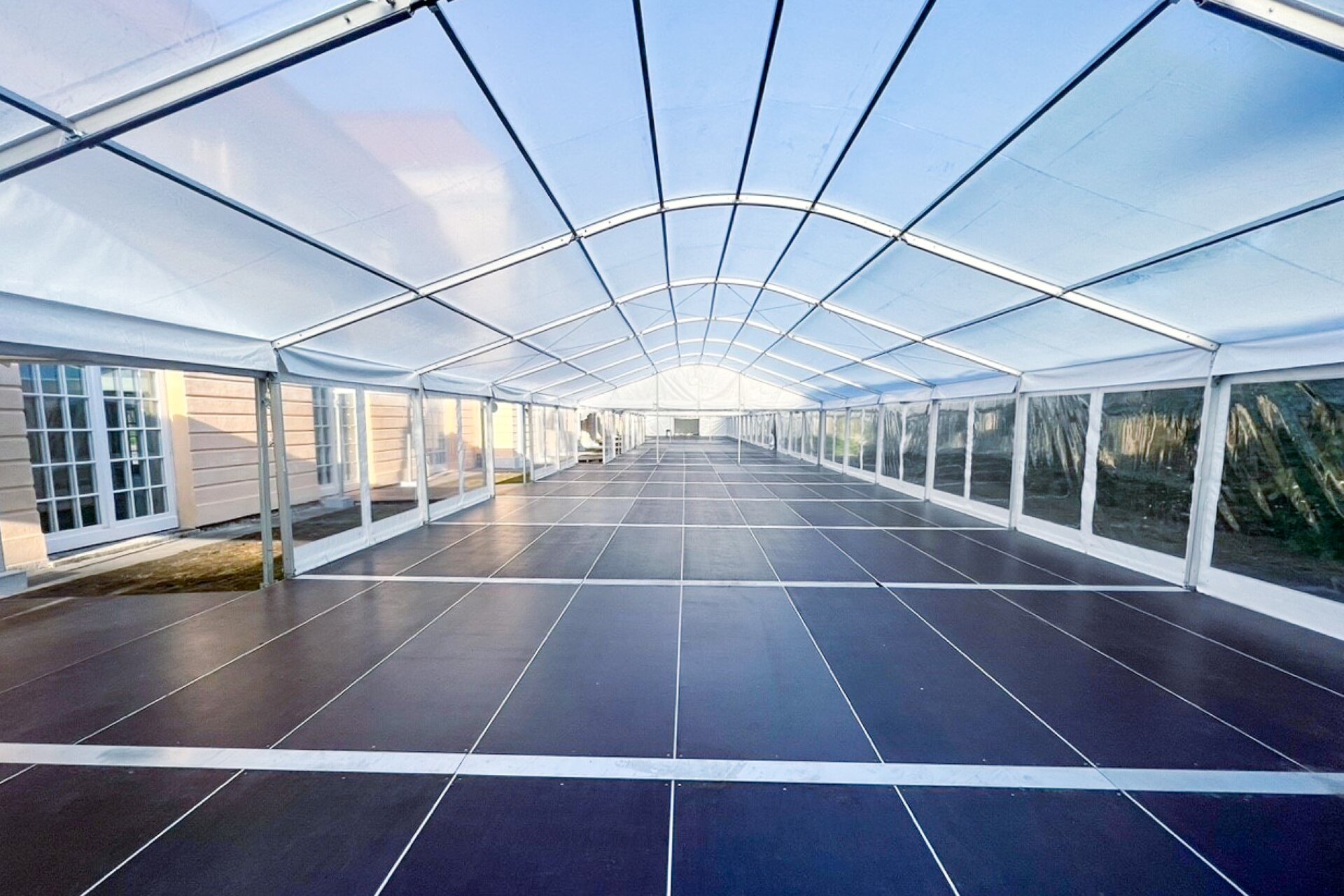 Interior of a party tent with foil roof and foil walls