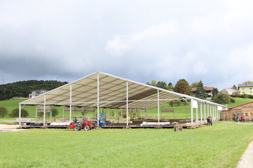 Aufbau eines großen Festzelts auf einer grünen Wiese
